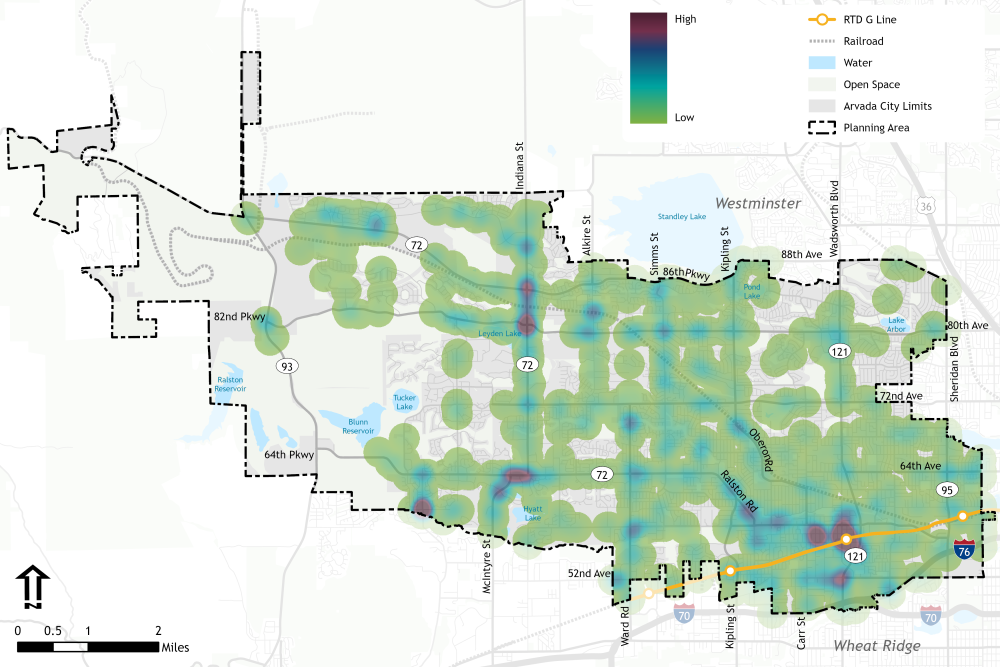 map of Arvada city boundaries colored based on where feedback was received